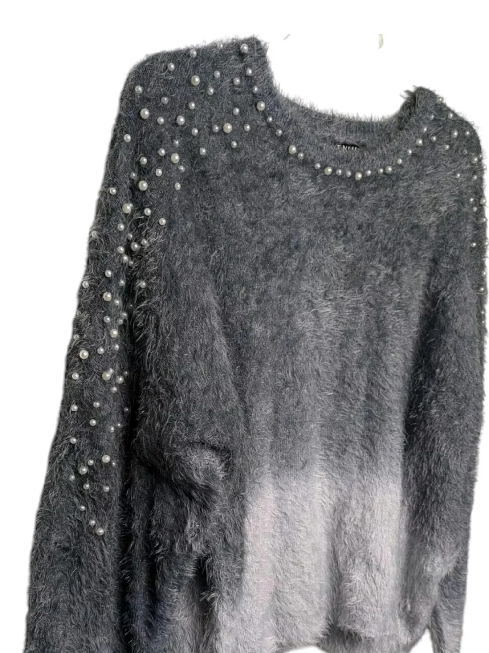 Venus Fuzzy Ombre Pearl-Embellished Sweater - Gray